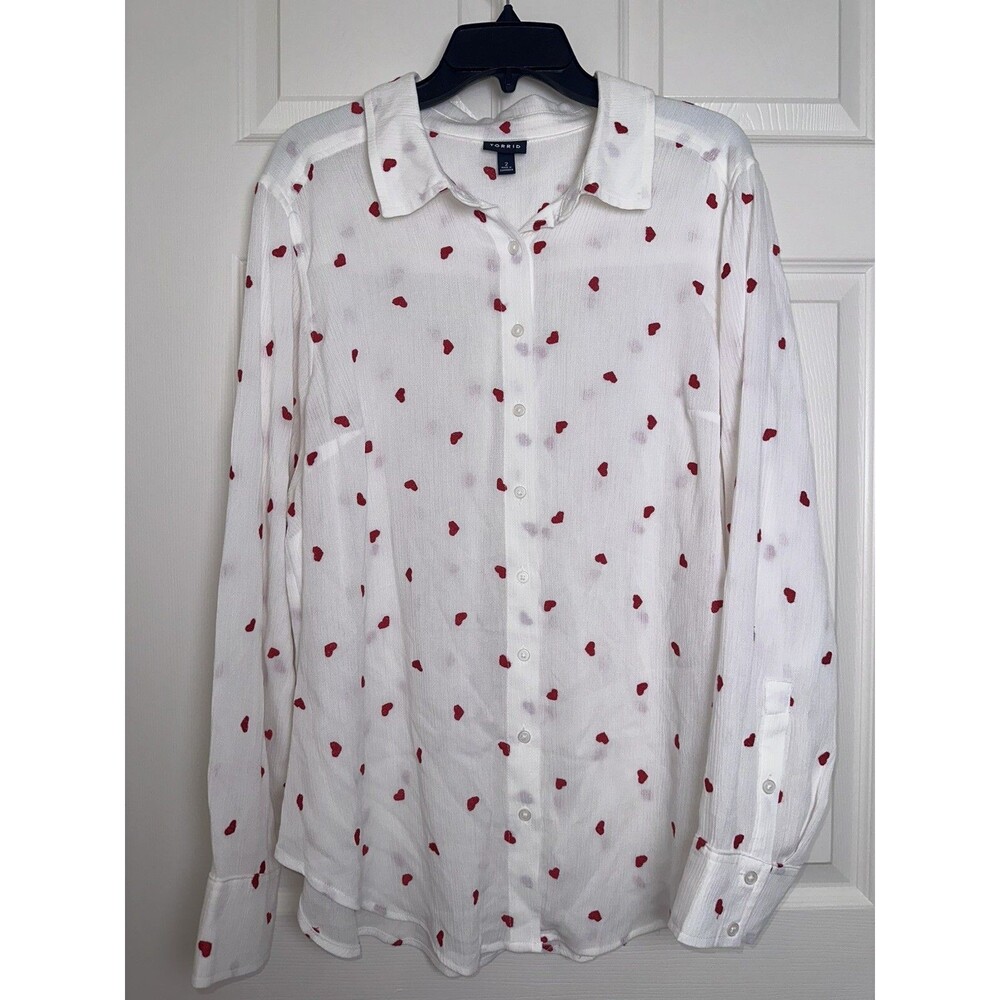 Torrid Embroidered Hearts Button Up Blouse Top Sz 2(18-20)Ivory Sweet Love Flowy